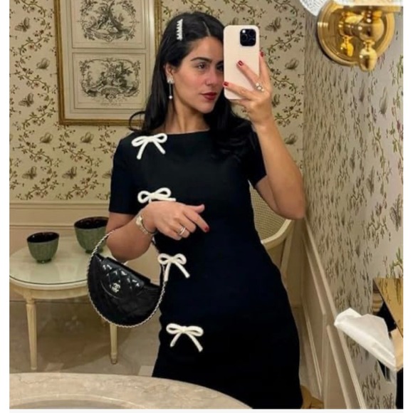 Commense Black Mini Dress White Bows Detail Short Sleeve Party Cocktail size S - Picture 3 of 6